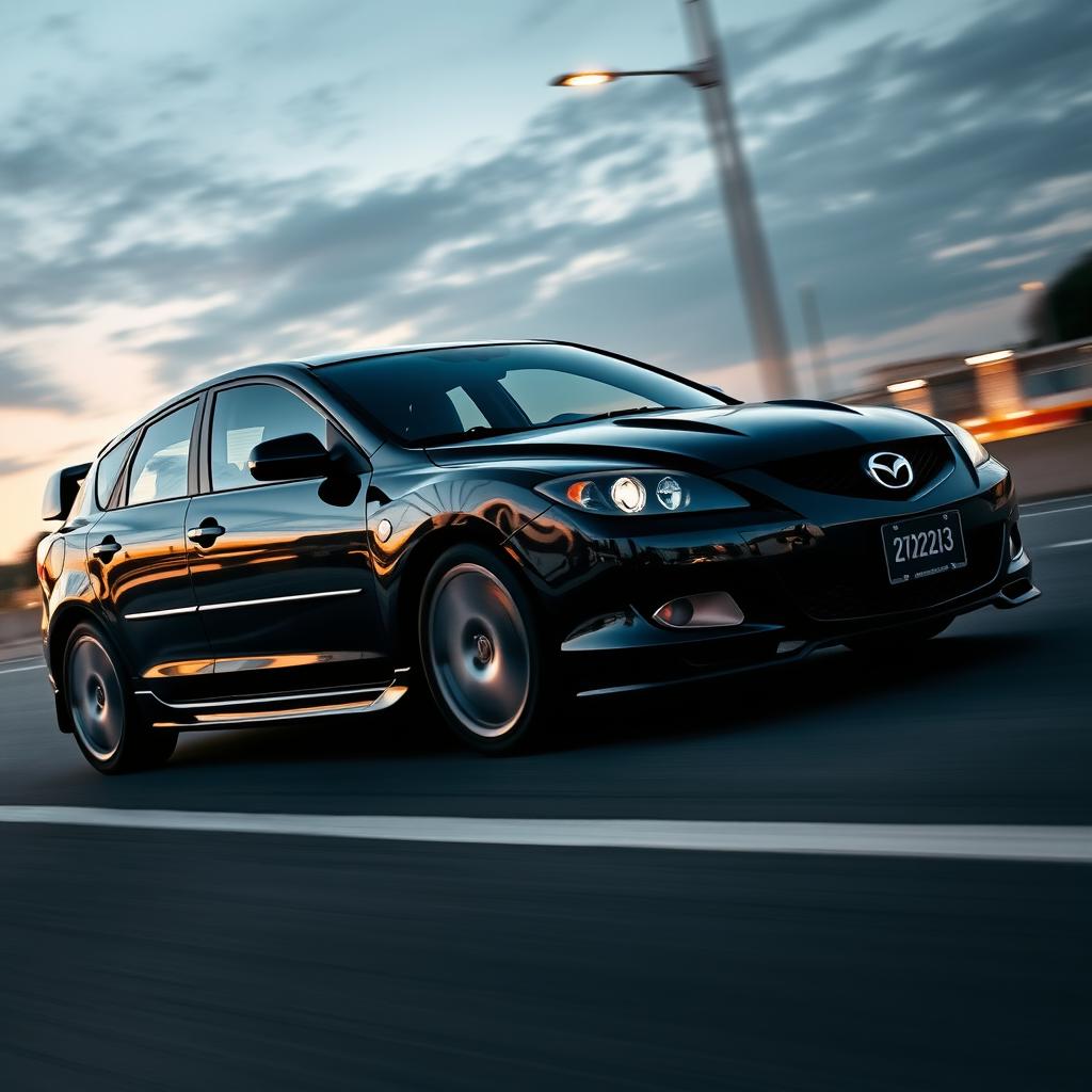 A sleek 2006 Mazda 3 in a bold black and white color scheme, showcasing its sporty and distinct design