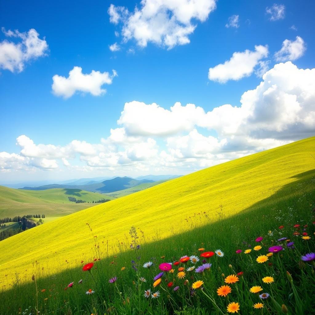 A beautiful landscape of rolling green hills under a clear blue sky, with fluffy white clouds scattered throughout
