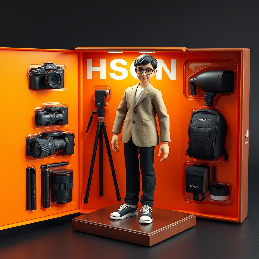 A hyper-realistic 3D render of an action figure inside a collectible toy box