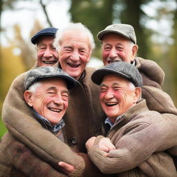 Five cheerful elderly men are huddled together in a warm embrace.