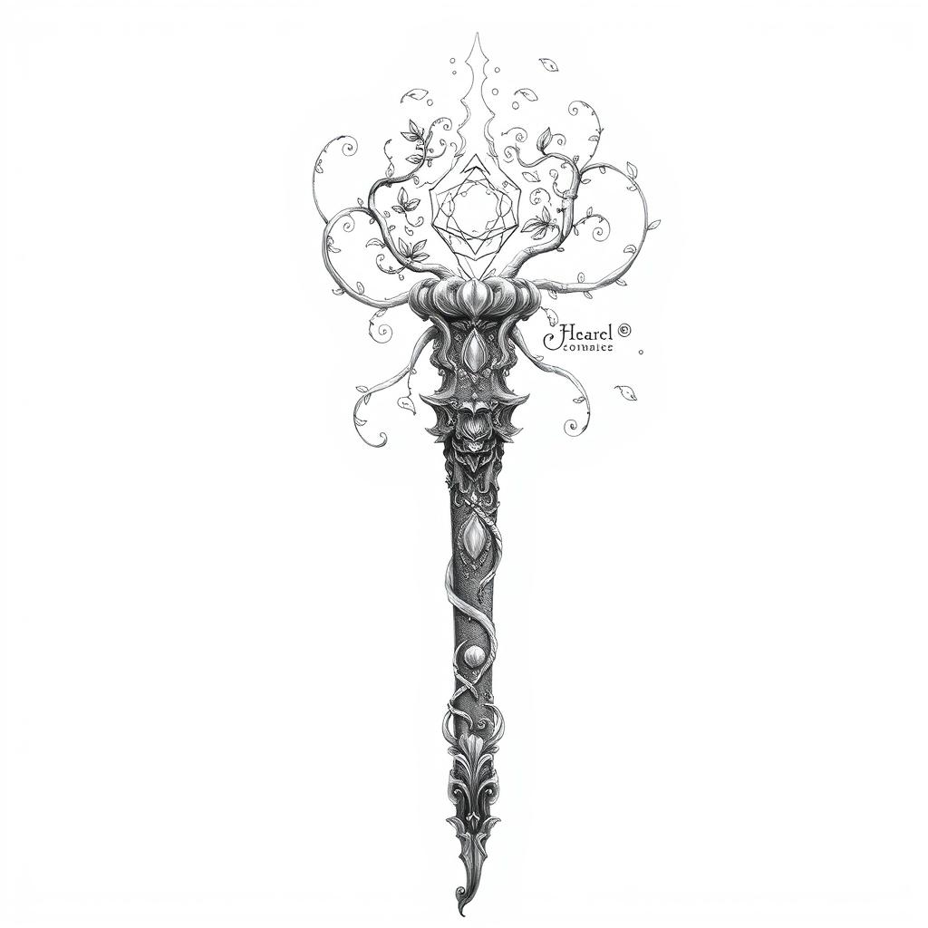 A black and white pencil sketch of a magical fantasy healing staff