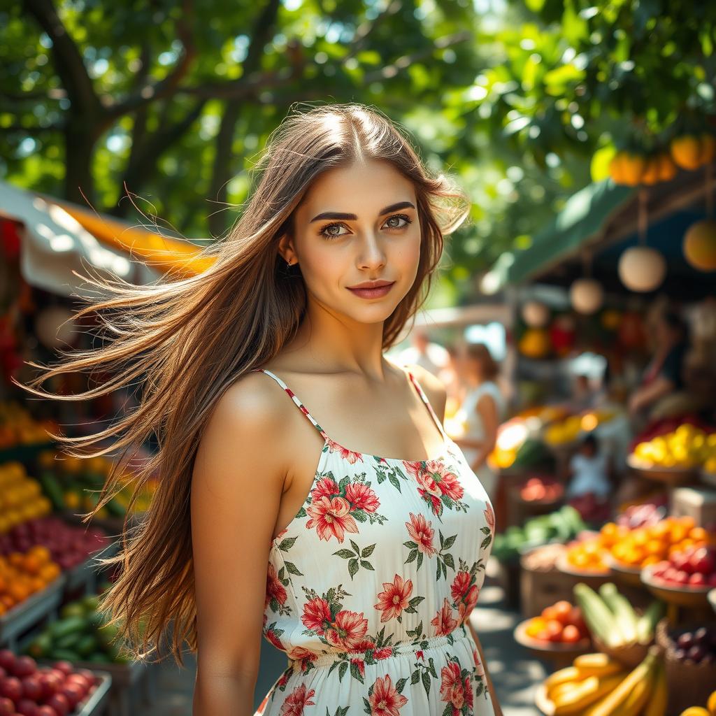 A beautiful young woman with long flowing hair and bright, expressive eyes, standing in a vibrant street market filled with colorful fruits and flowers