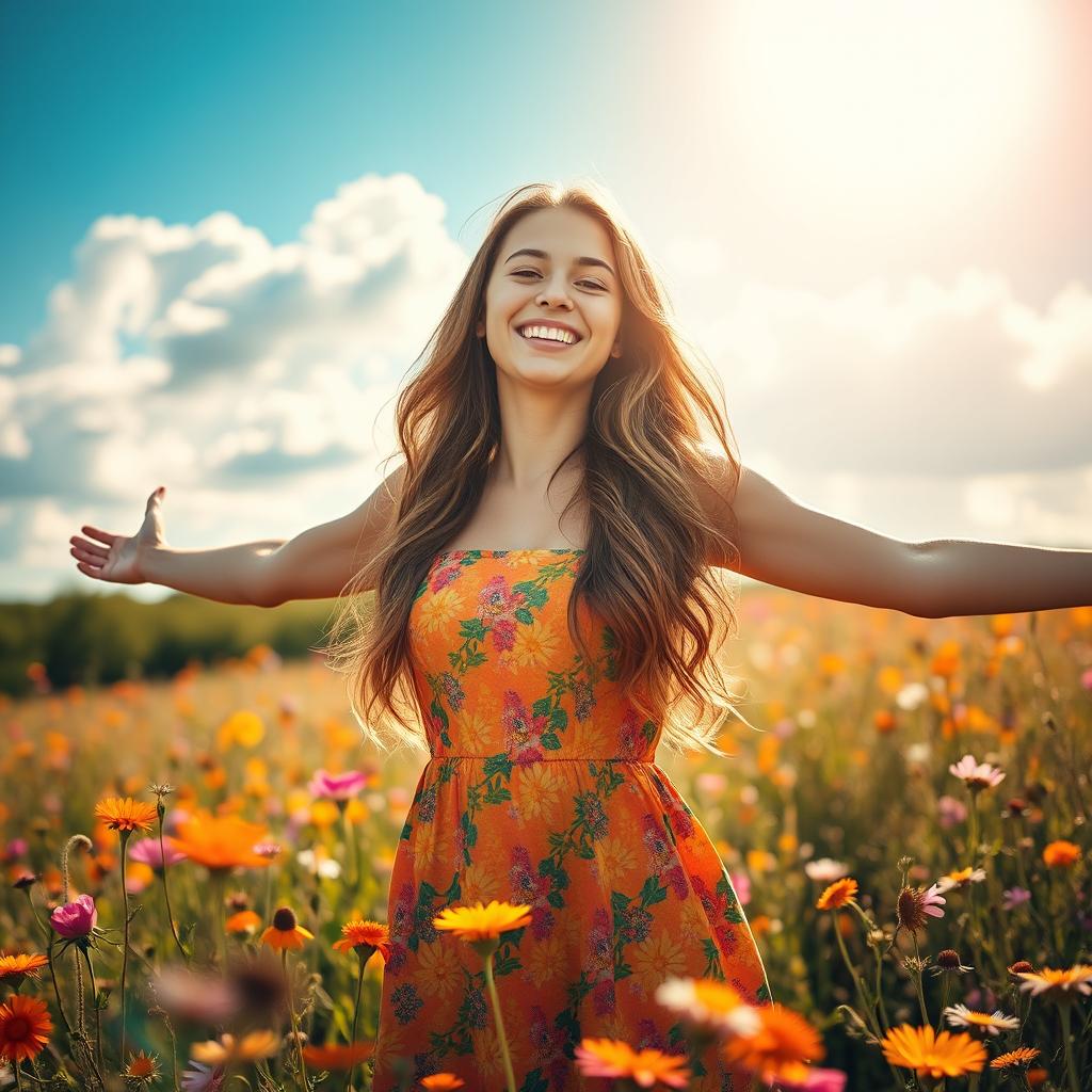 A young woman with long wavy hair, wearing a vibrant summer dress, standing in a sunlit field filled with wildflowers