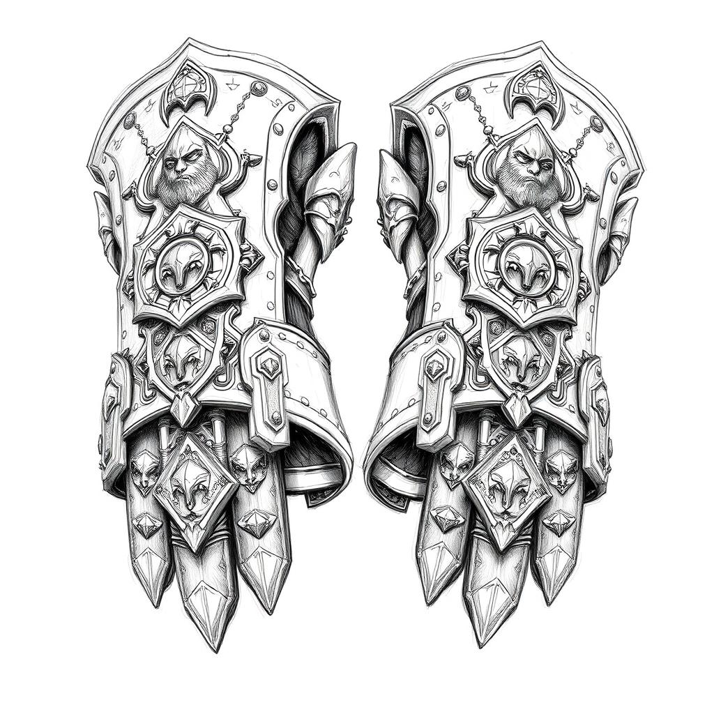 A black and white pencil sketch of the Gauntlets of Ogre Power, showcasing their imposing and formidable design