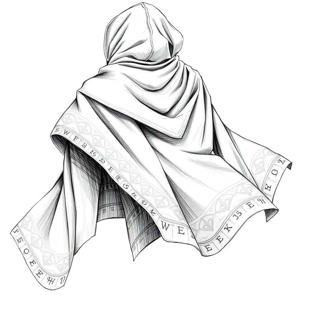 A detailed black and white pencil sketch of a Cloak of Protection