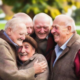 Five cheerful elderly men are huddled together in a warm embrace.