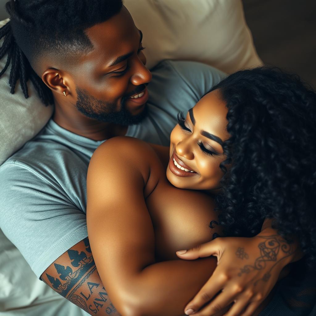 A romantic scene featuring a 25-year-old light skin African-American man with black hair and intricate tattoos, lying down comfortably