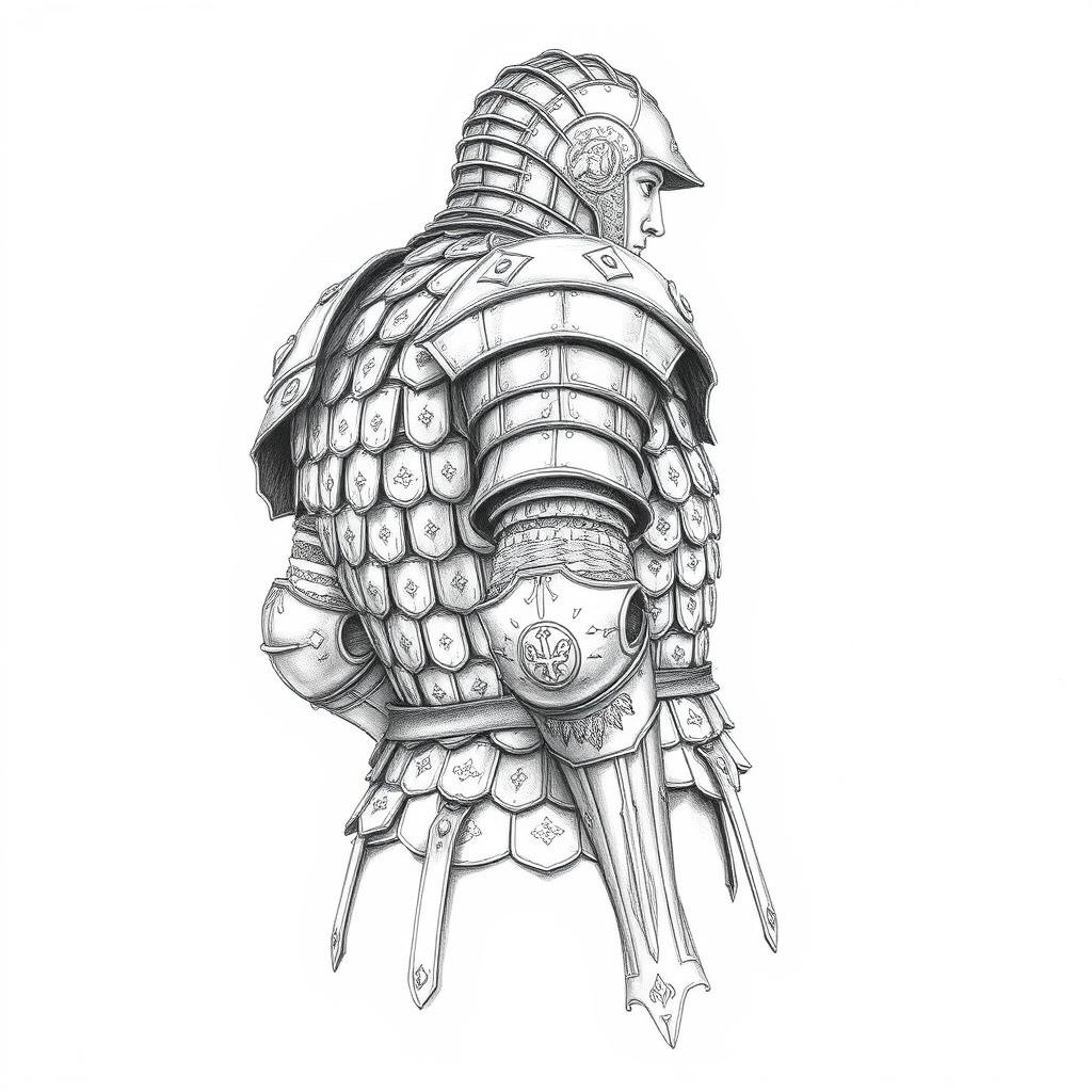 A detailed black and white pencil sketch of splint mail armor, showcasing its protective and functional design