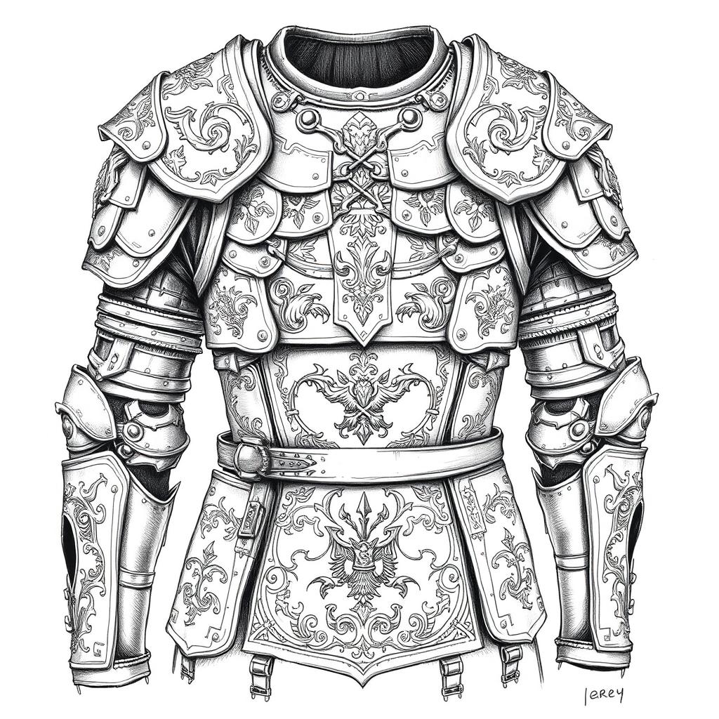 A detailed black and white pencil sketch of fantasy splint mail armor, displayed unworn and arranged artistically