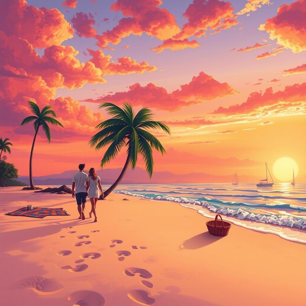 A vibrant and detailed illustration of a serene beach at sunset, with soft waves gently lapping on the shore