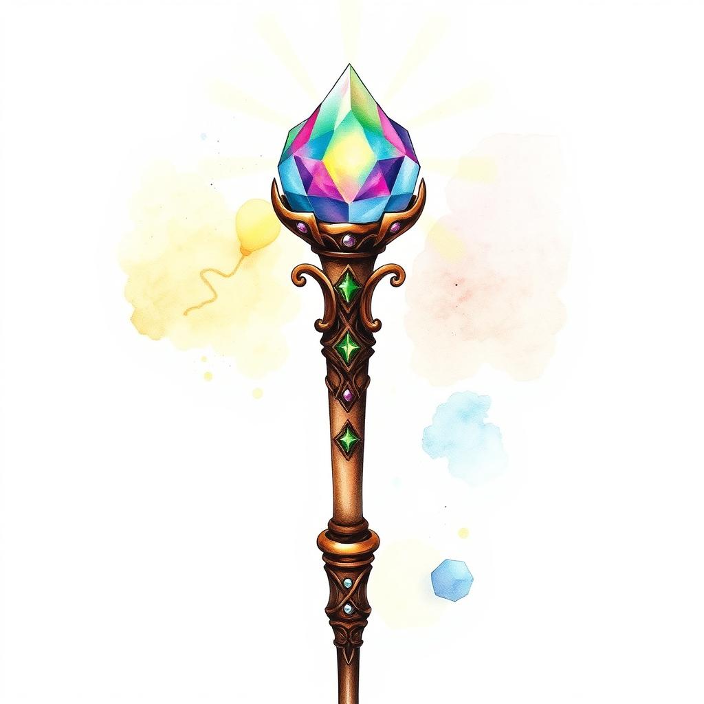 A whimsical watercolor and ink illustration of a fantasy staff topped with a large, dazzling gem