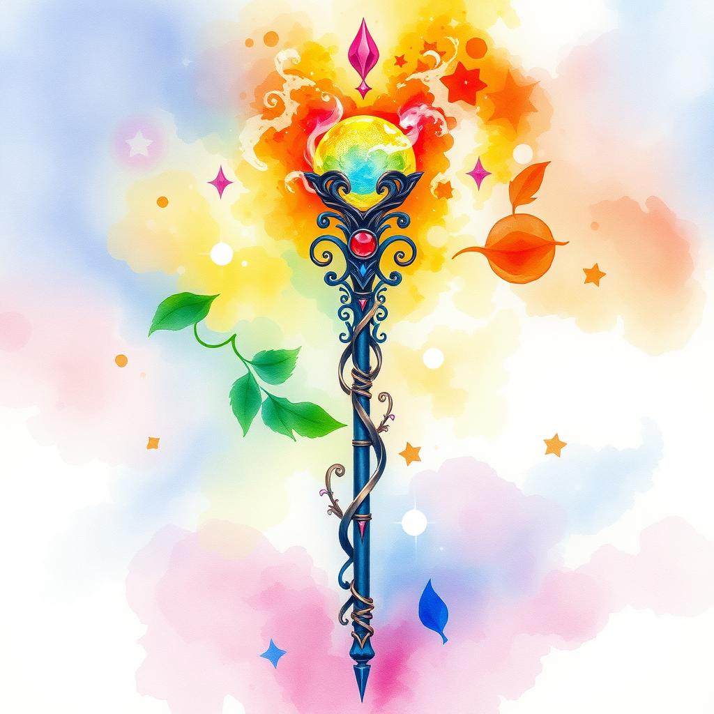A vibrant watercolor painting of a fantasy staff, intricately designed with swirling patterns and mystical symbols