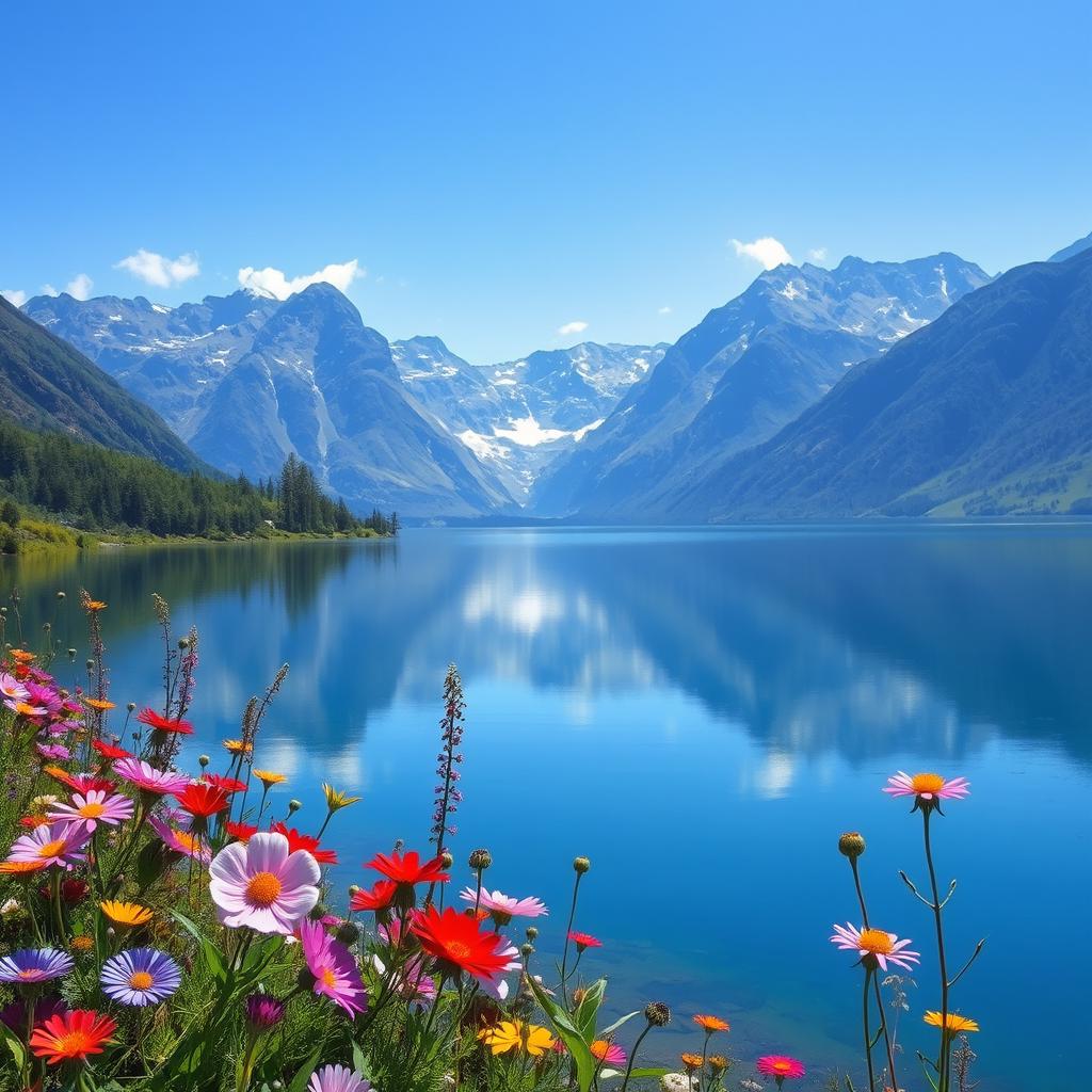 A beautiful landscape scene featuring a serene lake surrounded by mountains, with a clear blue sky reflecting on the water