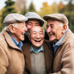 Five cheerful elderly men are huddled together in a warm embrace.