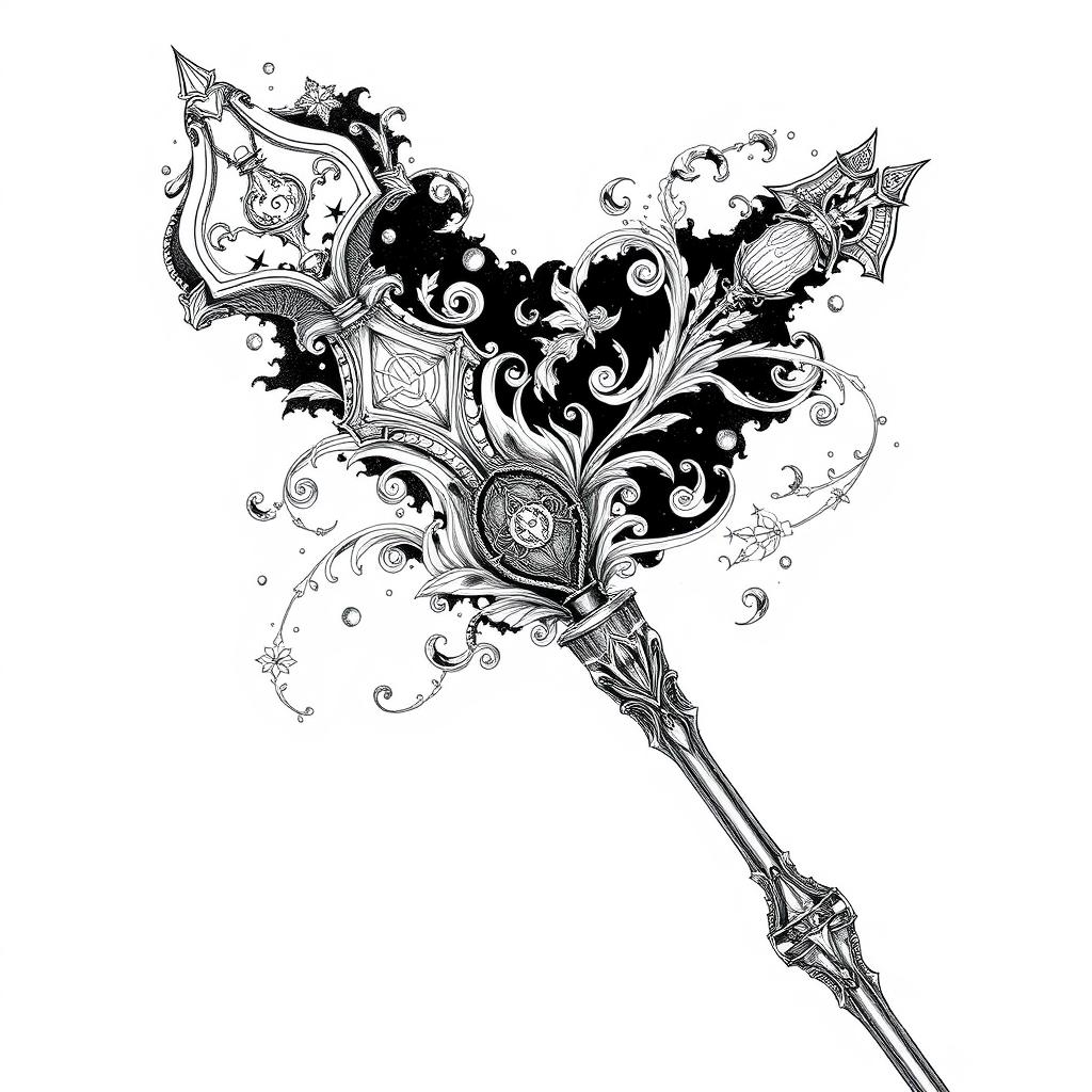 An intricate black and white ink drawing of a fantasy staff, featuring elegant curves and ornate details