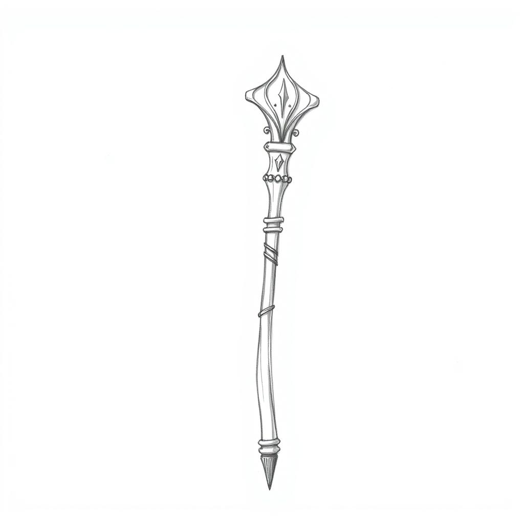 A simple yet elegant black and white pencil sketch of a fantasy staff, featuring clean lines and minimalistic design