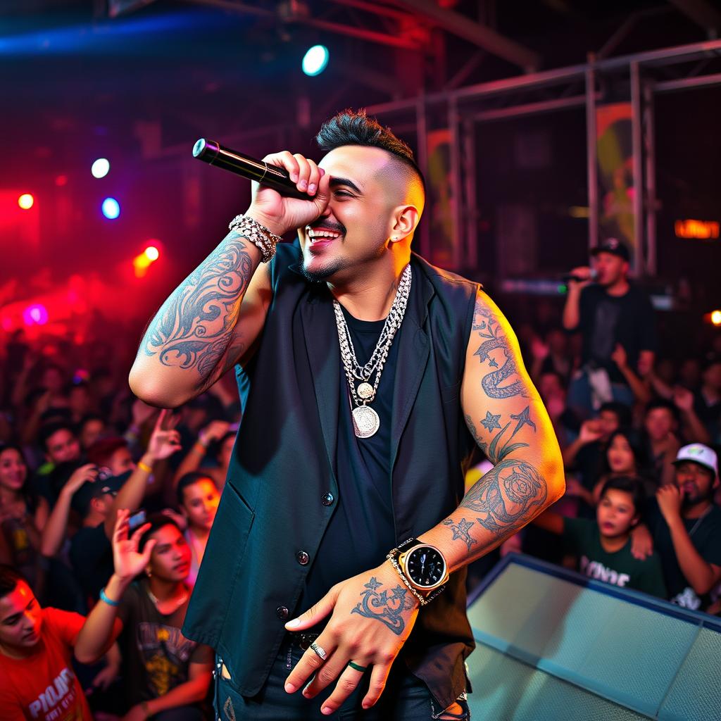 A vibrant urban scene featuring Héctor el Father, renowned reggaeton artist, performing on stage with an electrifying energy and captivating the audience