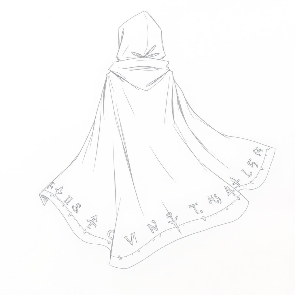 A simple pencil sketch of a fantasy cloak of protection, flowing gracefully as if caught in a gentle breeze