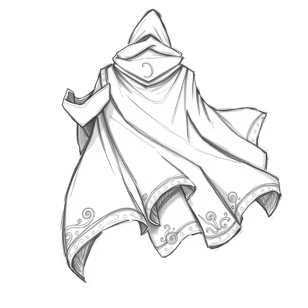 A simple pencil sketch of a fantasy cloak, showcasing bold dark lines and expressive shading that emphasize its flowing form