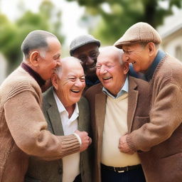 Five cheerful elderly men are huddled together in a warm embrace.