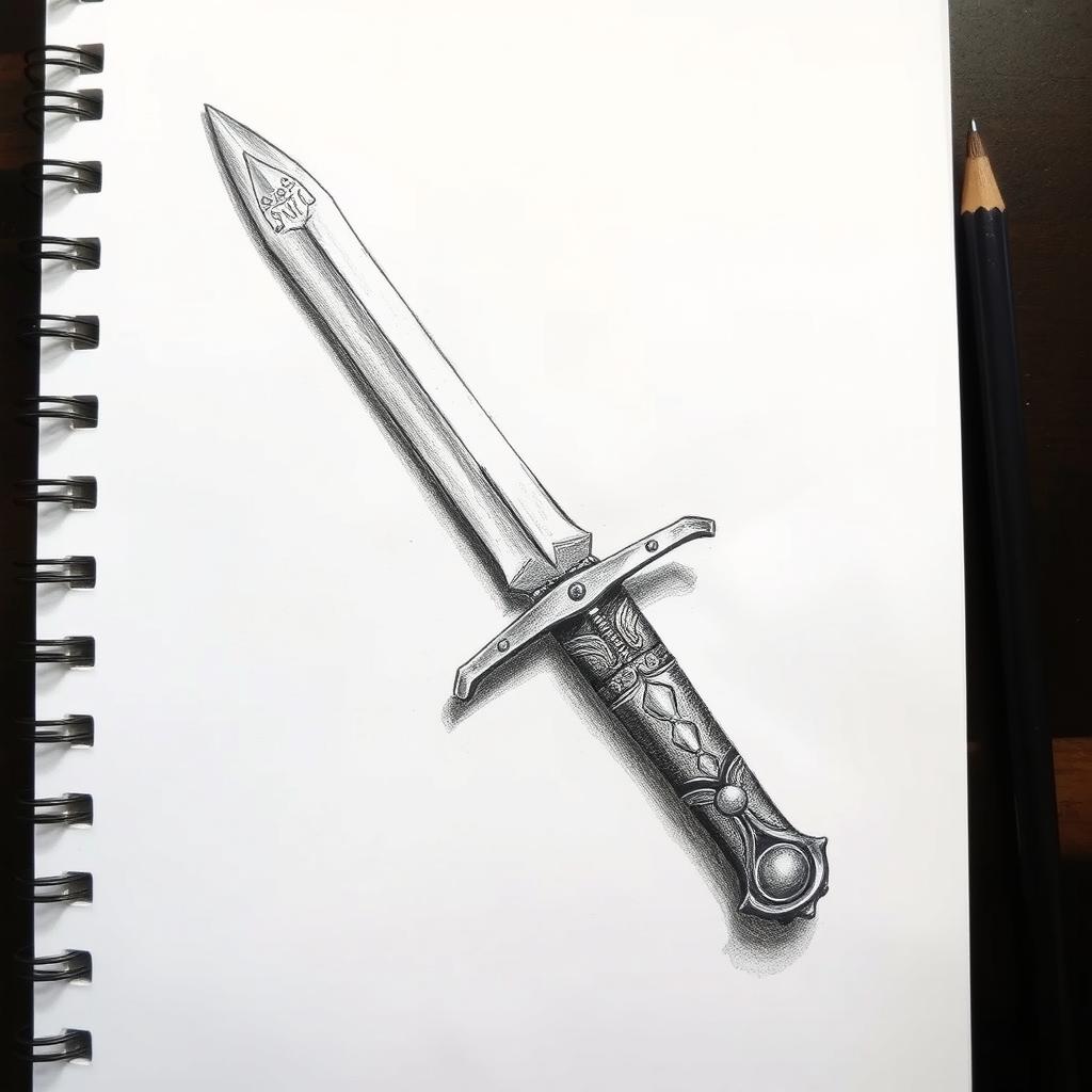 A simple pencil sketch of a silver short sword, meticulously detailed with bold dark lines that outline its sleek blade and elegant hilt