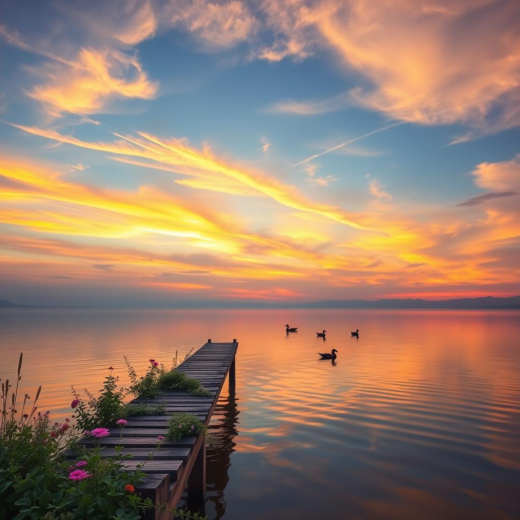 A serene landscape depicting a tranquil sunset over a calm lake, with vibrant colors reflecting off the water surface