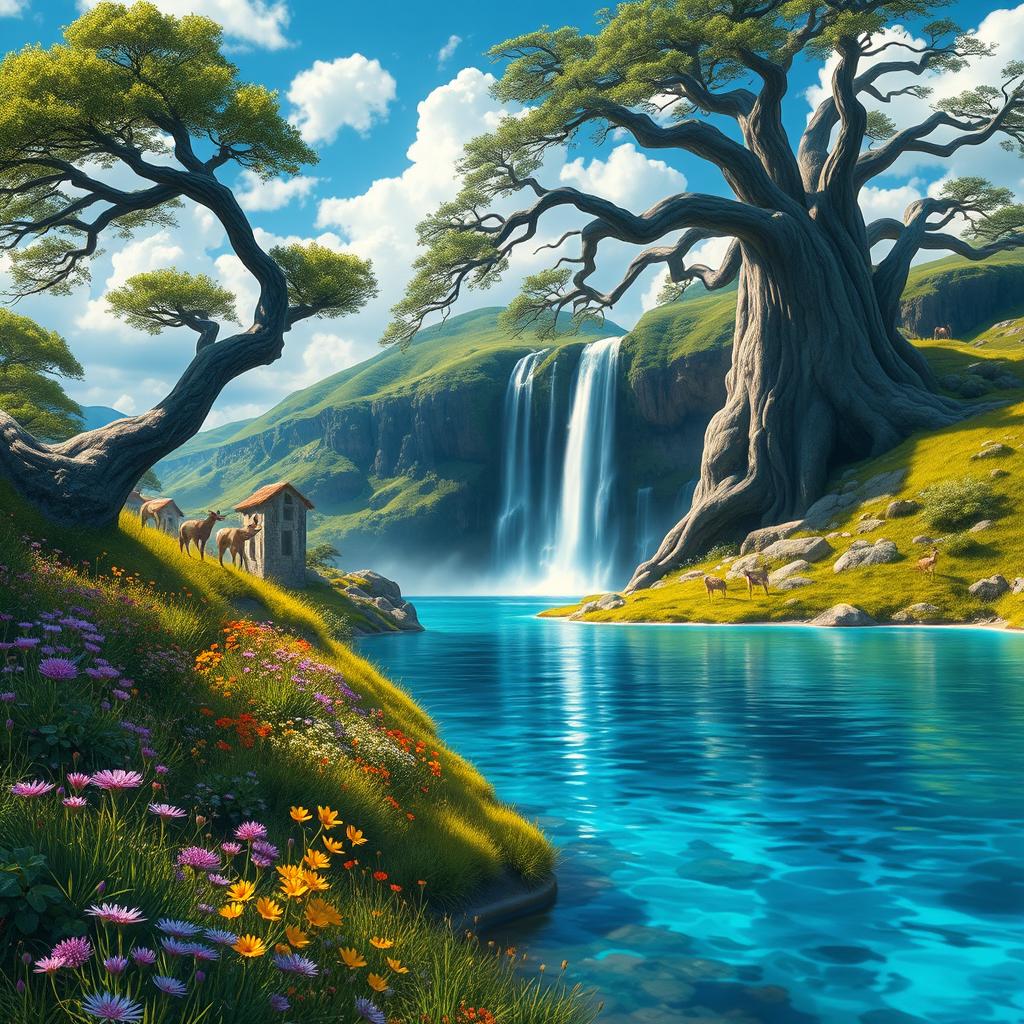 A serene fantasy landscape featuring a magnificent waterfall cascading down a lush green cliff, surrounded by vibrant wildflowers in various colors including purple, yellow, and red