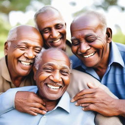 Five cheerful elderly men of different ethnicities - Arab, African, Aryan, Mongoloid, and Indian - are huddled together in a warm embrace.