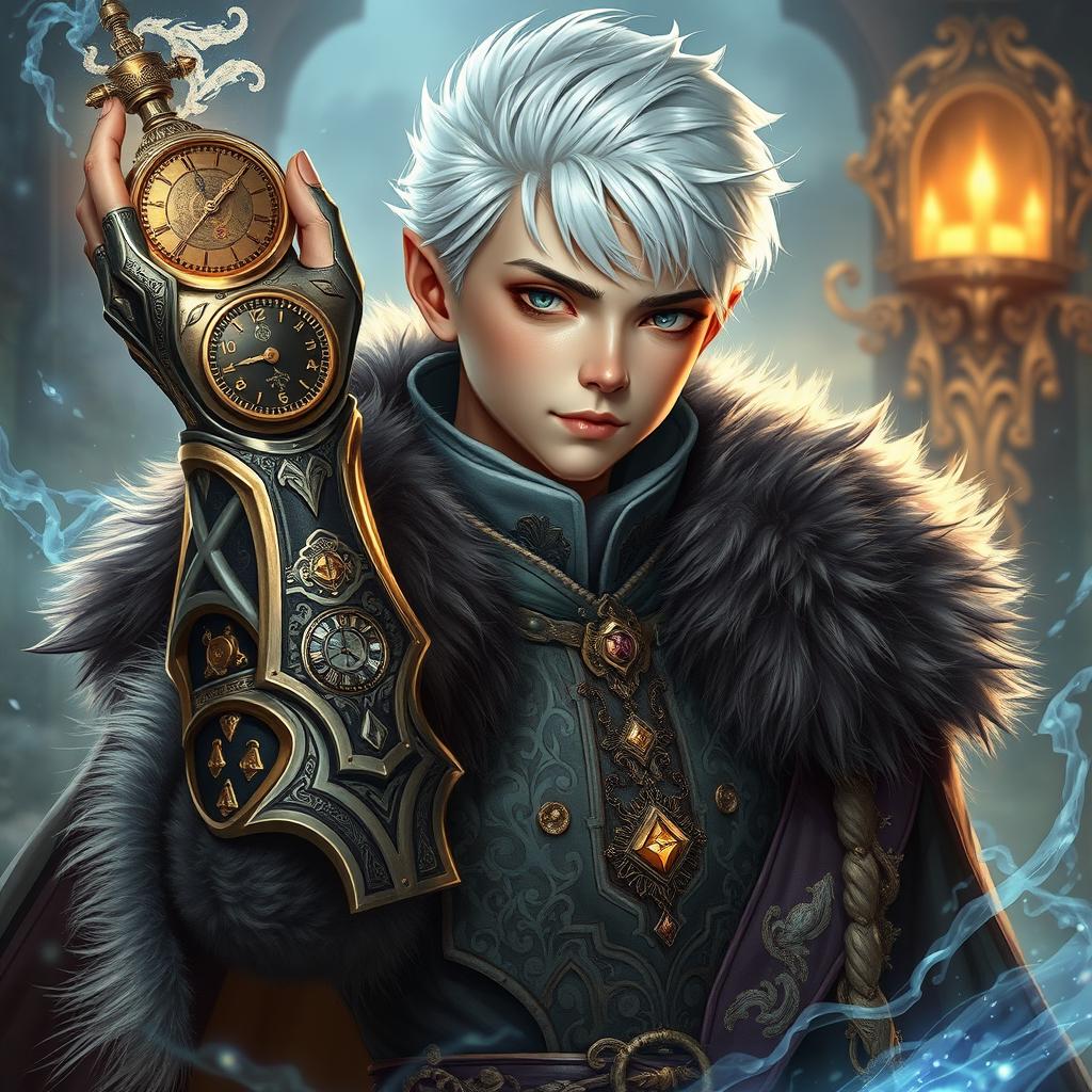 A young human sorcerer with a left arm made of intricate clockwork, showcasing a blend of mechanical and magical elements