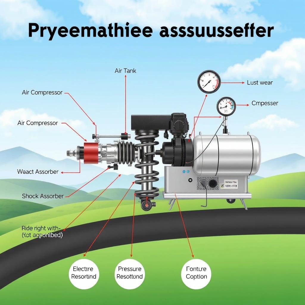 A detailed illustration of a pneumatic shock absorber system, showcasing its components such as an air compressor, air tank, shock absorber, pressure gauges, and electric control system