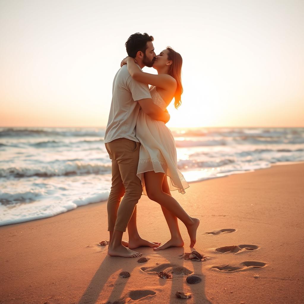 A romantic couple kissing on the beach, embracing each other tenderly as waves gently lap at their feet