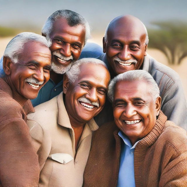 Five cheerful elderly men of different ethnicities - Arab, African, Aryan, Mongoloid, and Indian - are huddled together in a warm embrace.