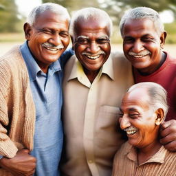 Five cheerful elderly men of different ethnicities - Arab, African, Aryan, Mongoloid, and Indian - are huddled together in a warm embrace.