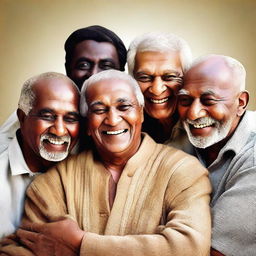 Five cheerful elderly men of different ethnicities - Arab, African, Aryan, Mongoloid, and Indian - are huddled together in a warm embrace.