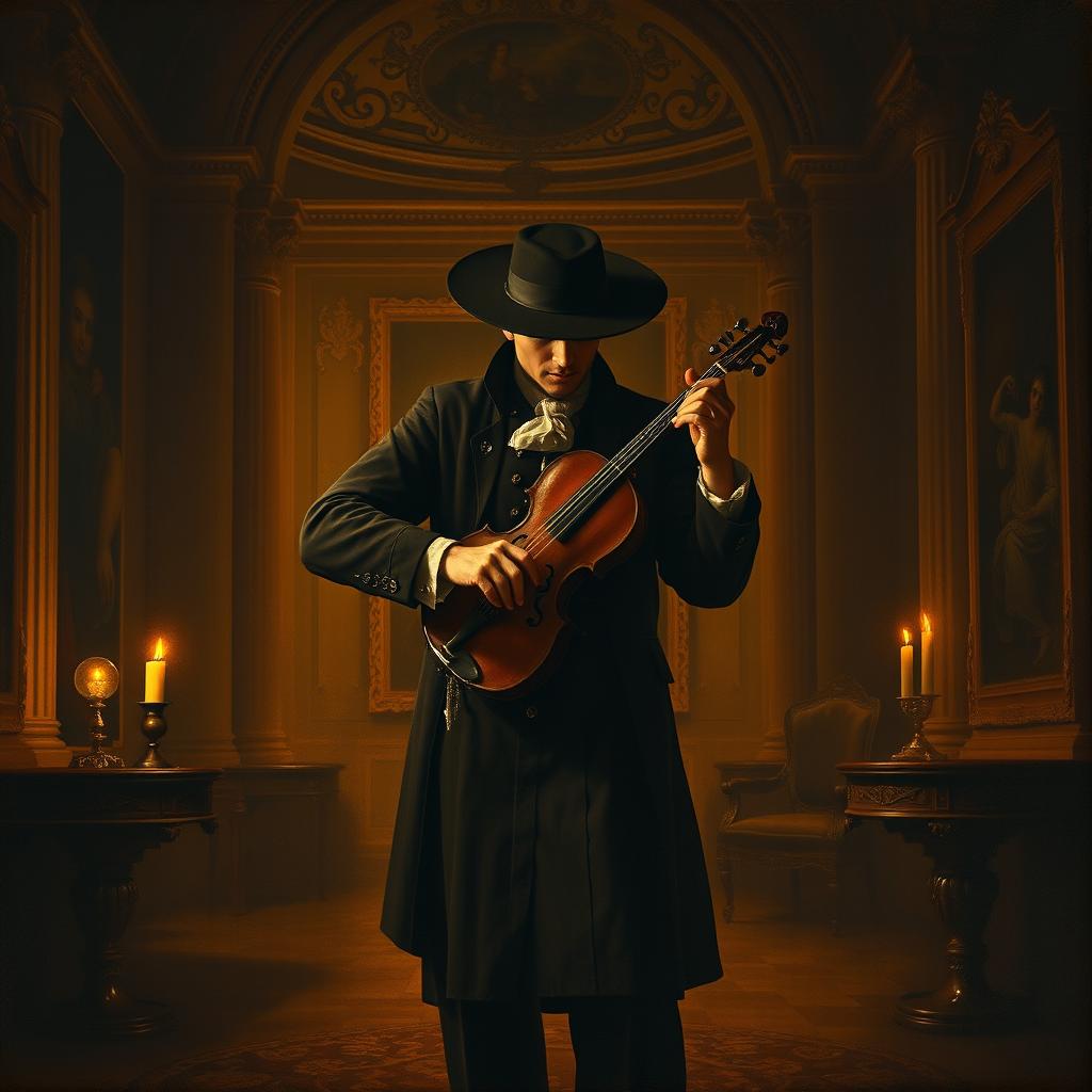 A stunning album cover painted in the style of Rembrandt, featuring a dramatic use of chiaroscuro with deep shadows and warm golden tones