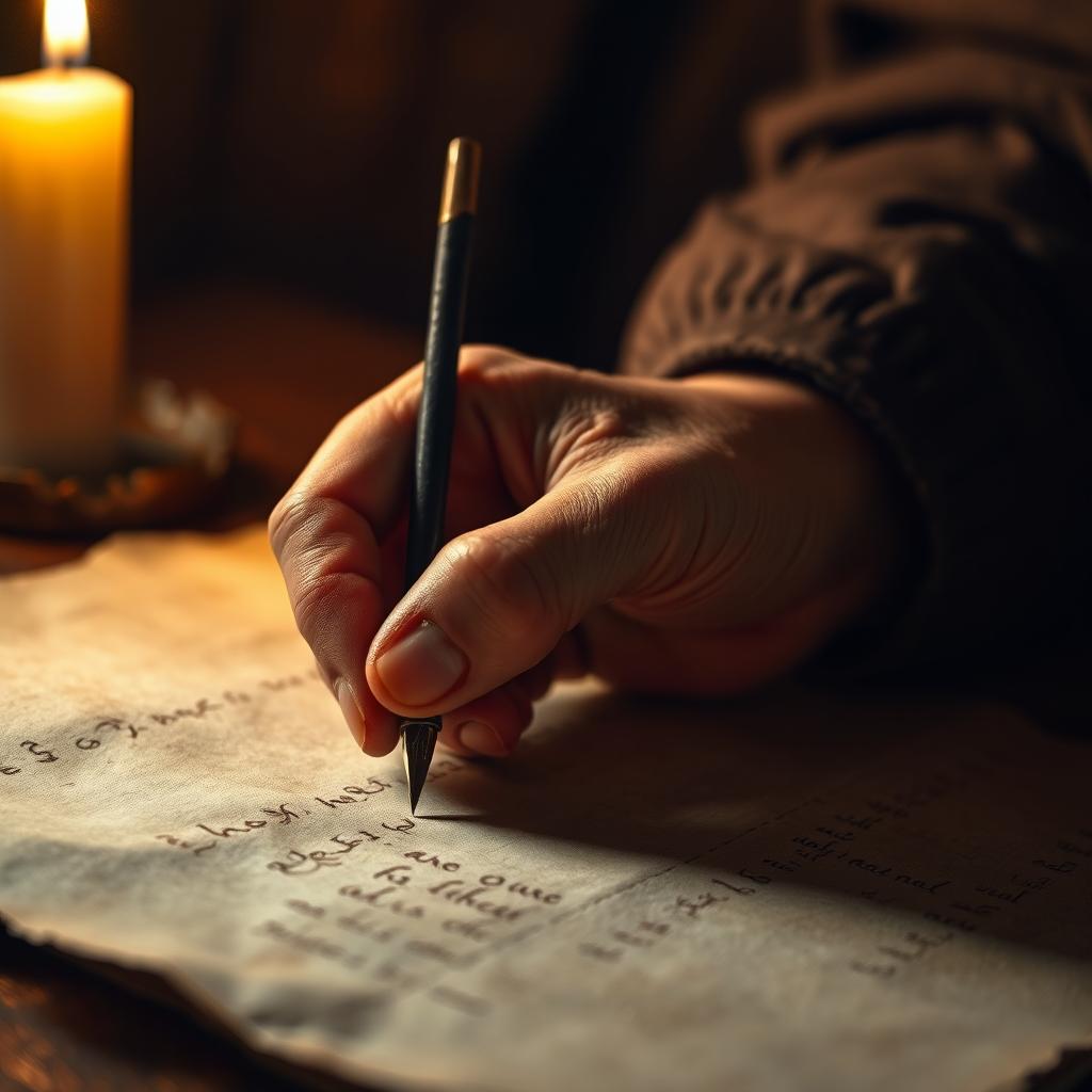 A close-up of a hand writing on an aged parchment, illuminated by soft, warm candlelight reminiscent of Rembrandt's paintings