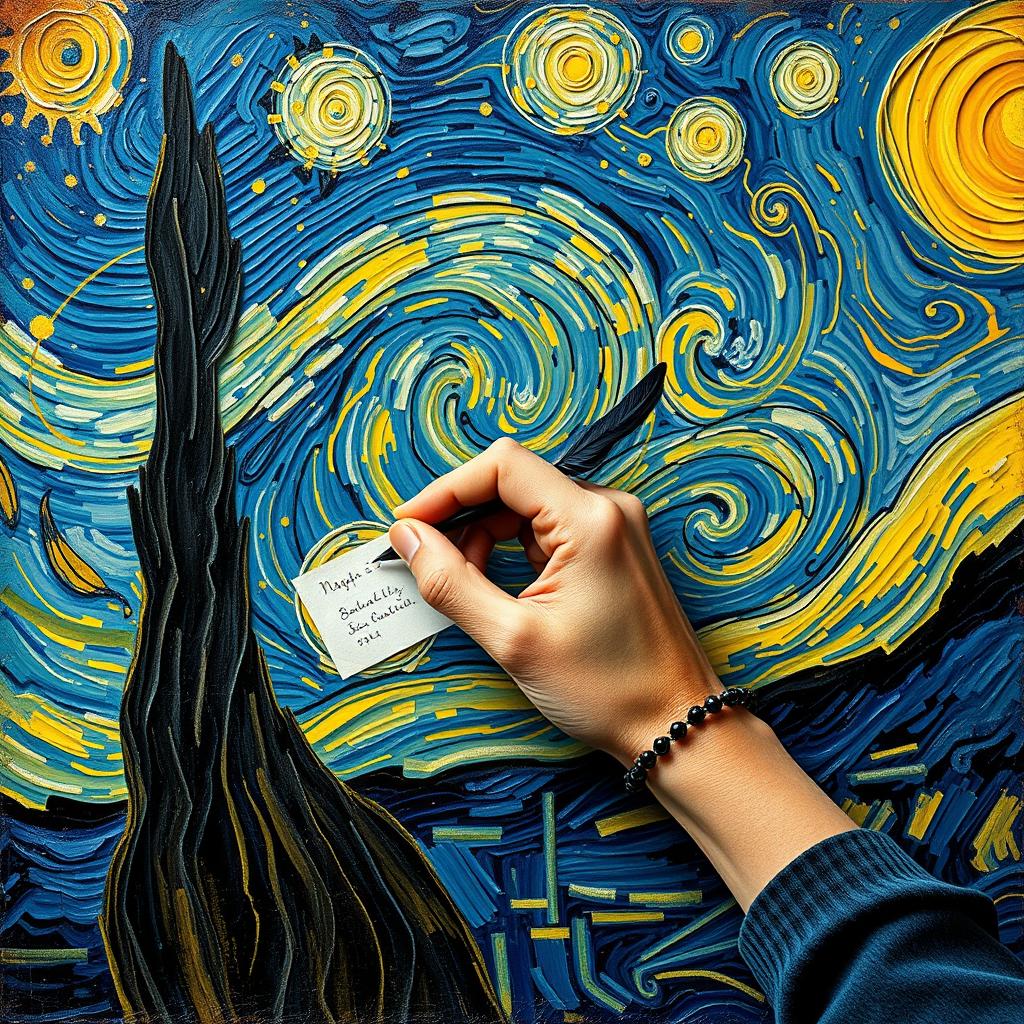 A hand writing on a textured surface, inspired by the painting style of Vincent van Gogh
