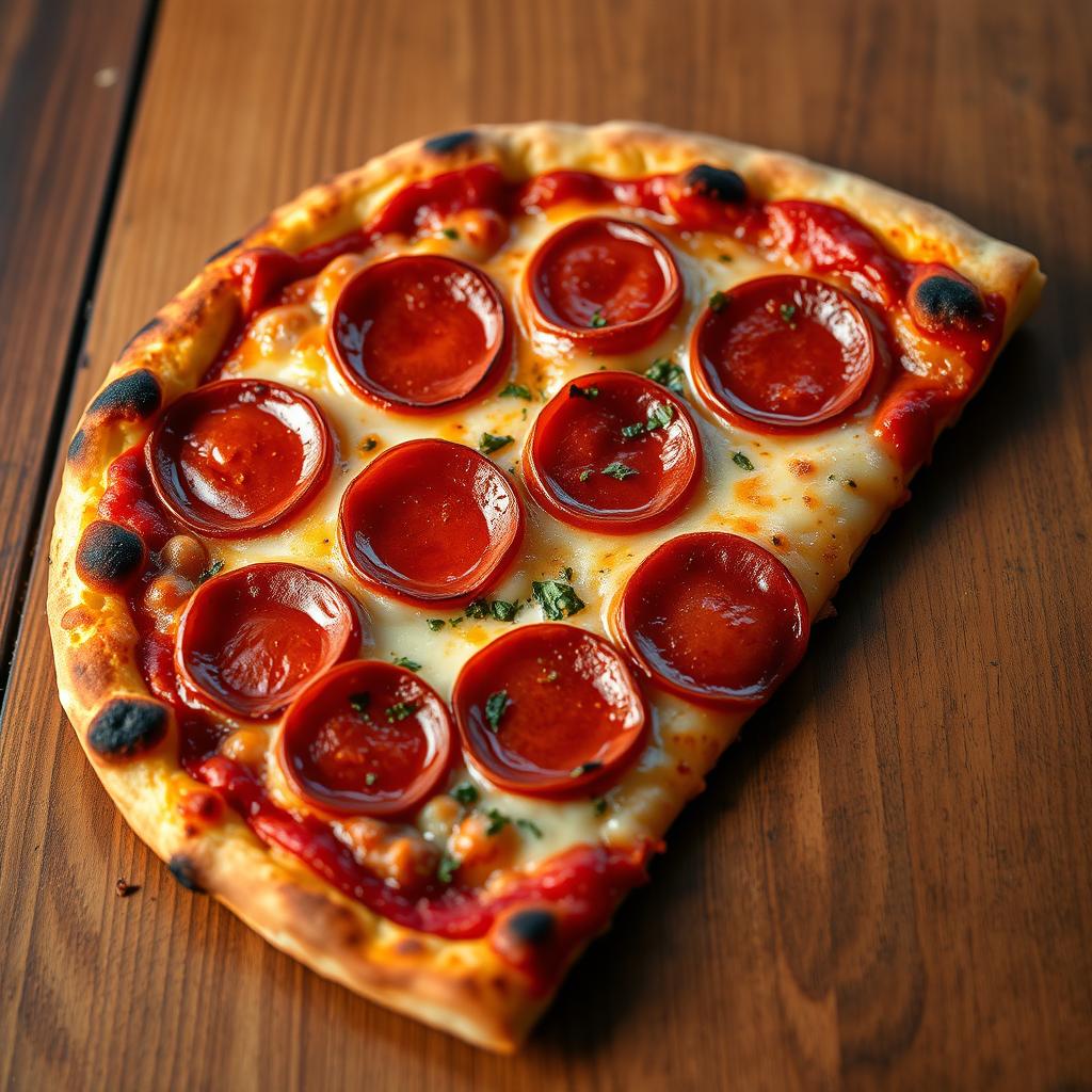 A delicious slice of pepperoni pizza, slightly burnt to perfection, with a crispy, golden-brown crust