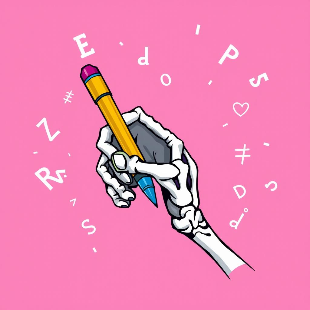 A cartoon-style illustration of a hand writing with a pen, showcasing exaggerated features and vibrant colors
