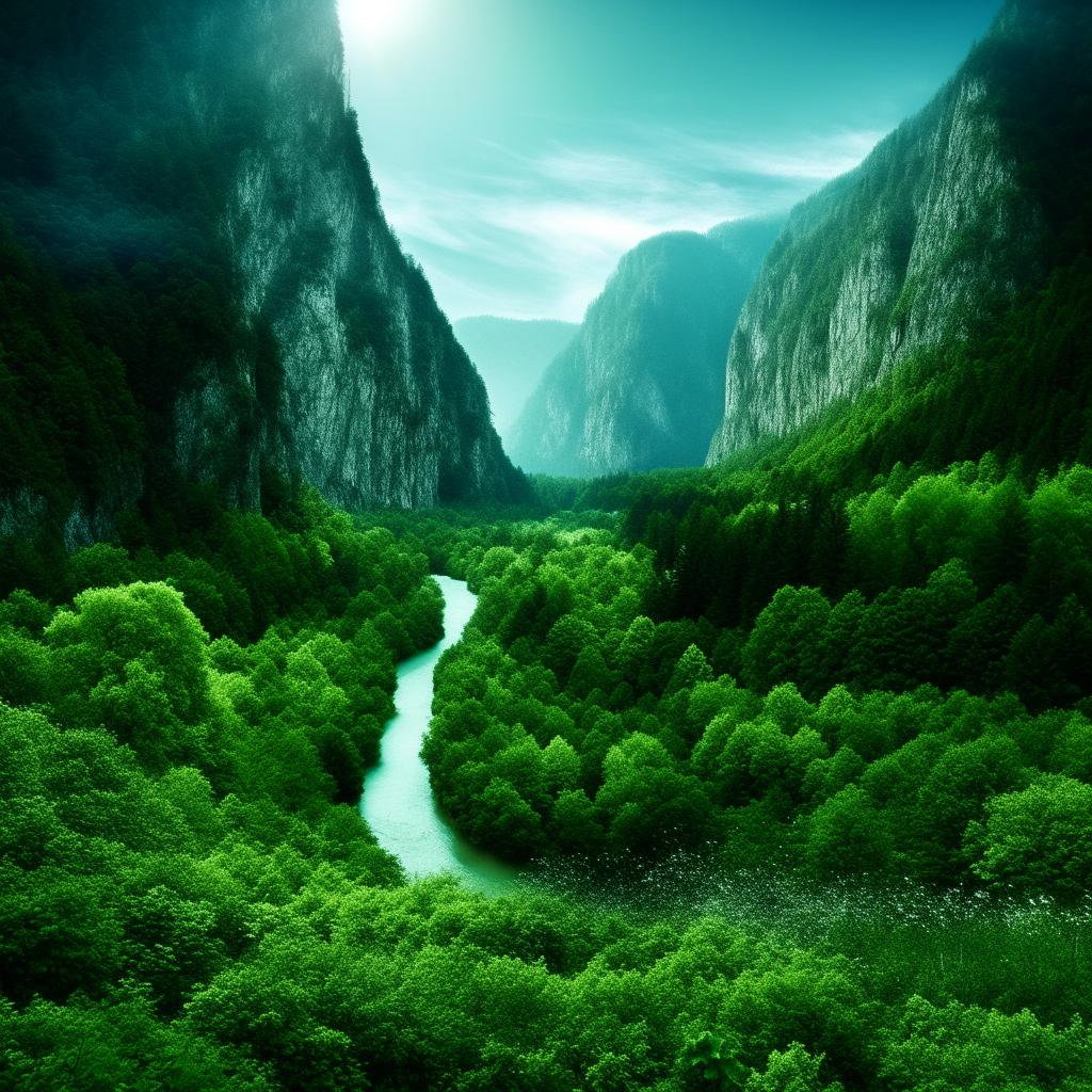 Create an image of a beautiful, idyllic world filled with lush green forests, sparkling rivers, stunning mountains, and clear blue skies.