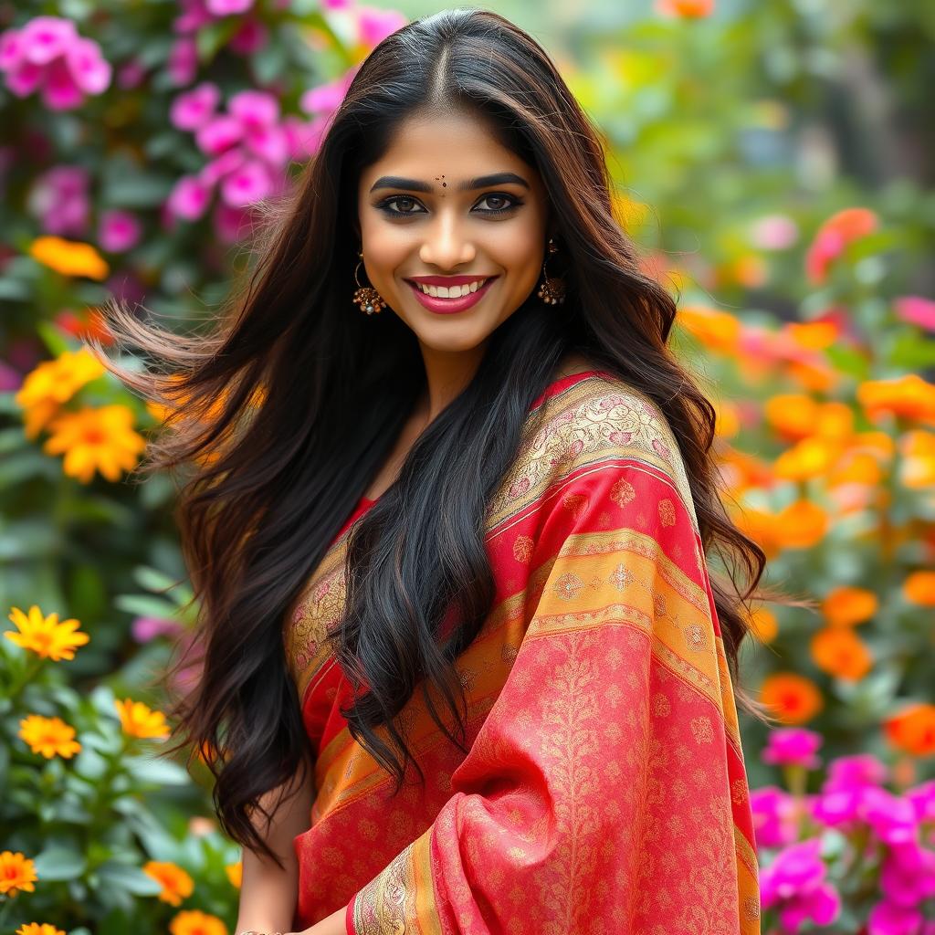 A stunning Indian model with long, flowing hair, radiating beauty with a captivating smile