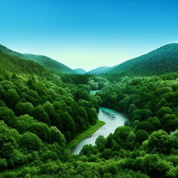 Create an image of a beautiful, idyllic world filled with lush green forests, sparkling rivers, stunning mountains, and clear blue skies.