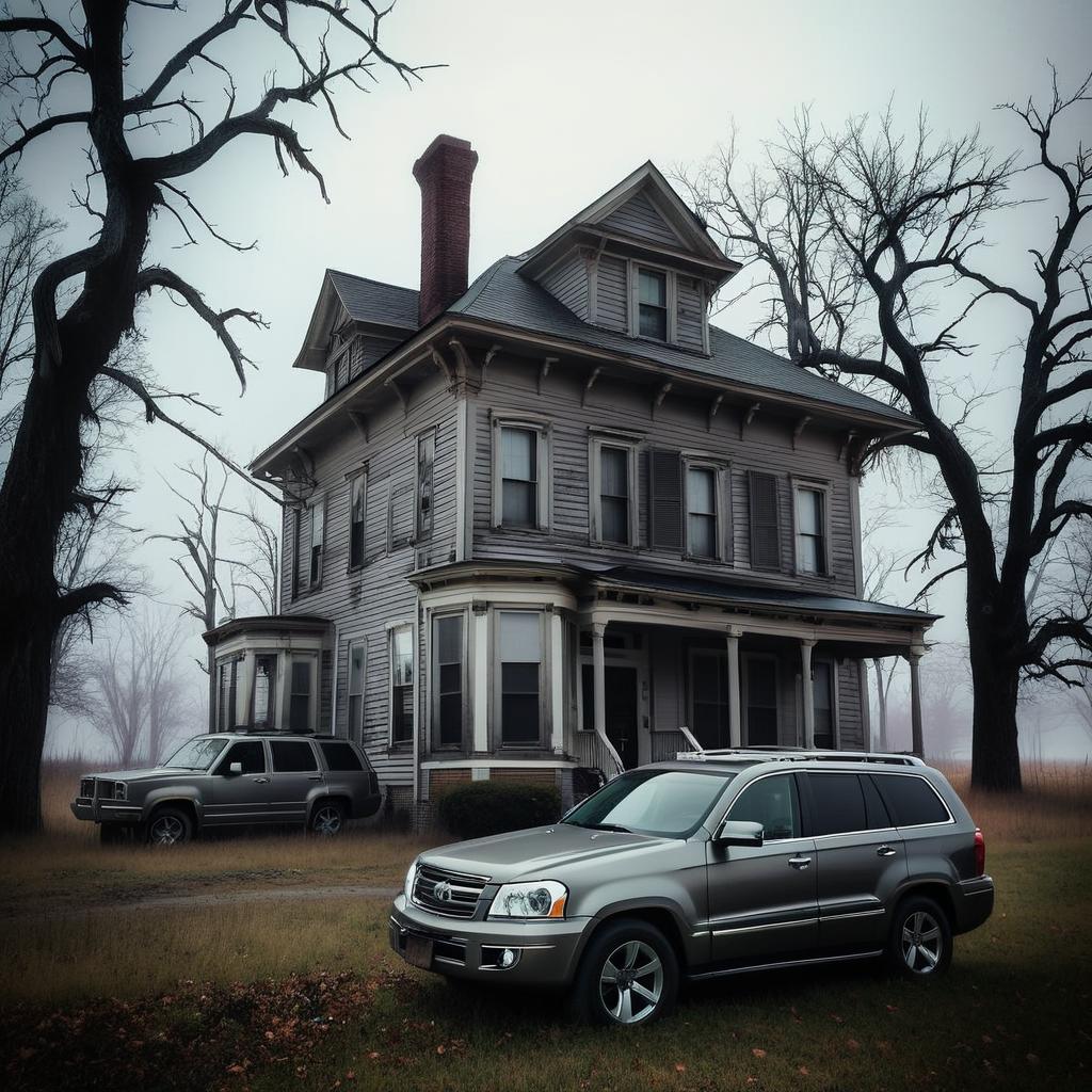 “A family car parked in front of an old, slightly eerie two-story house surrounded by dead trees. Late afternoon, moody sky, slight fog in the background.”