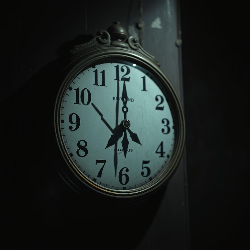 A close-up shot of an old, vintage wall clock that is stopped at exactly 3:07 a