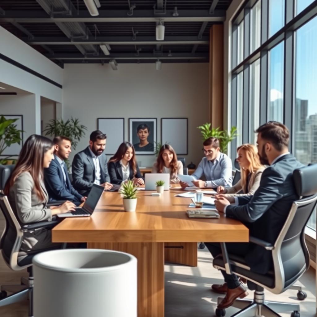 A professional corporate office environment, featuring a sleek, modern design with large windows allowing natural light to flood the room