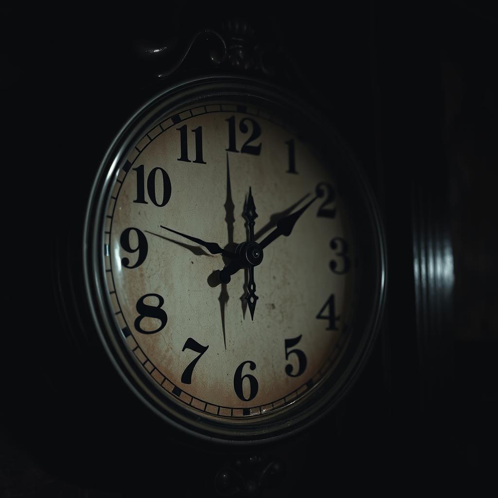 A close-up shot of an old, vintage wall clock that has stopped at exactly 3:07 a