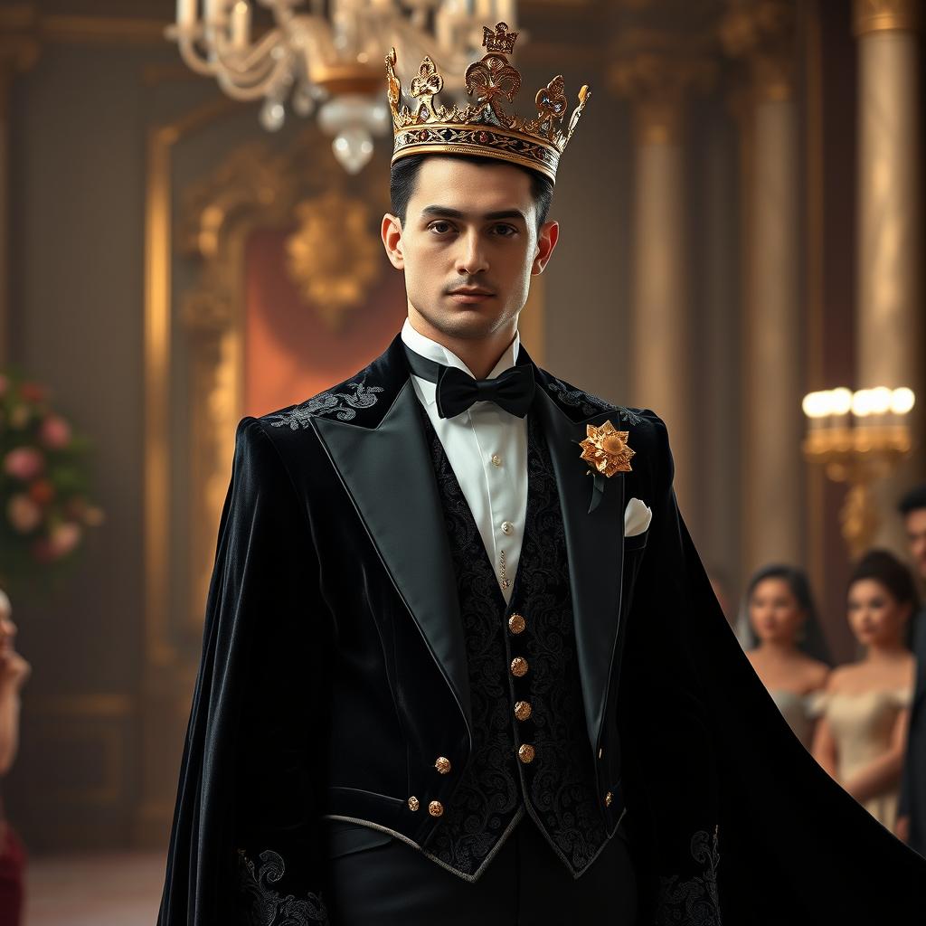 A groom in a stunning black tuxedo adorned with intricate details, featuring a luxurious long velvet cape flowing dramatically behind him