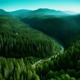 Create an image of a beautiful, idyllic world filled with lush green forests, sparkling rivers, stunning mountains, and clear blue skies.