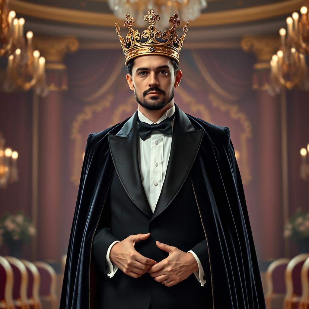 A groom dressed in a sophisticated black tuxedo, complete with a lavish long velvet cape that cascades elegantly behind him