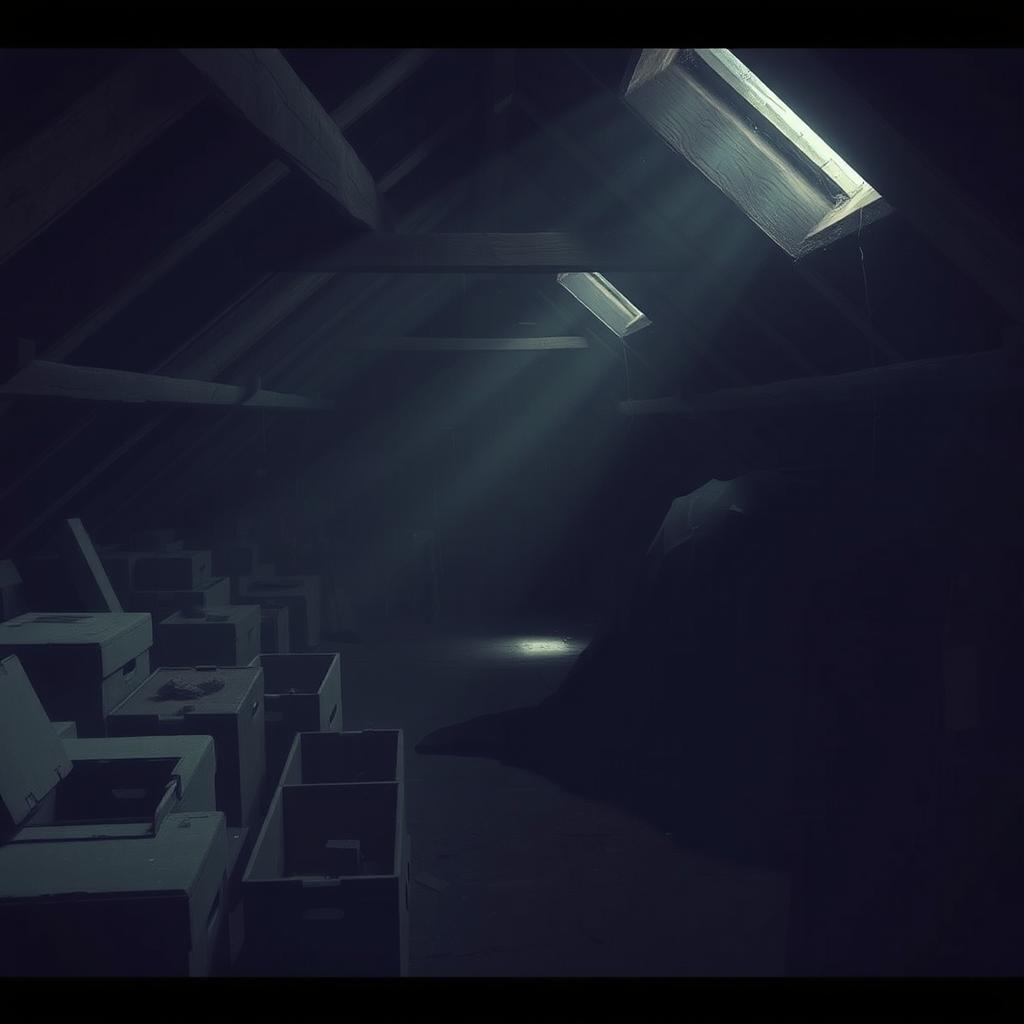 A dimly lit attic filled with rustic wooden beams and scattered dusty boxes